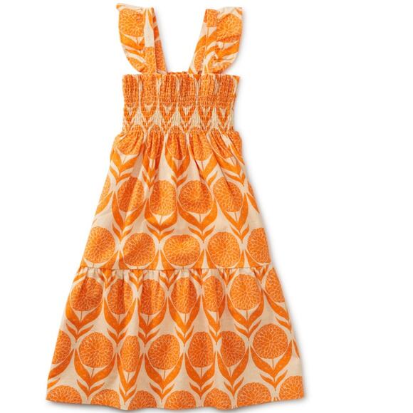 Tea Collection Girl's Smocked Orange Floral Flutter Sleeve Midi Dress - 3 - Picture 1 of 8